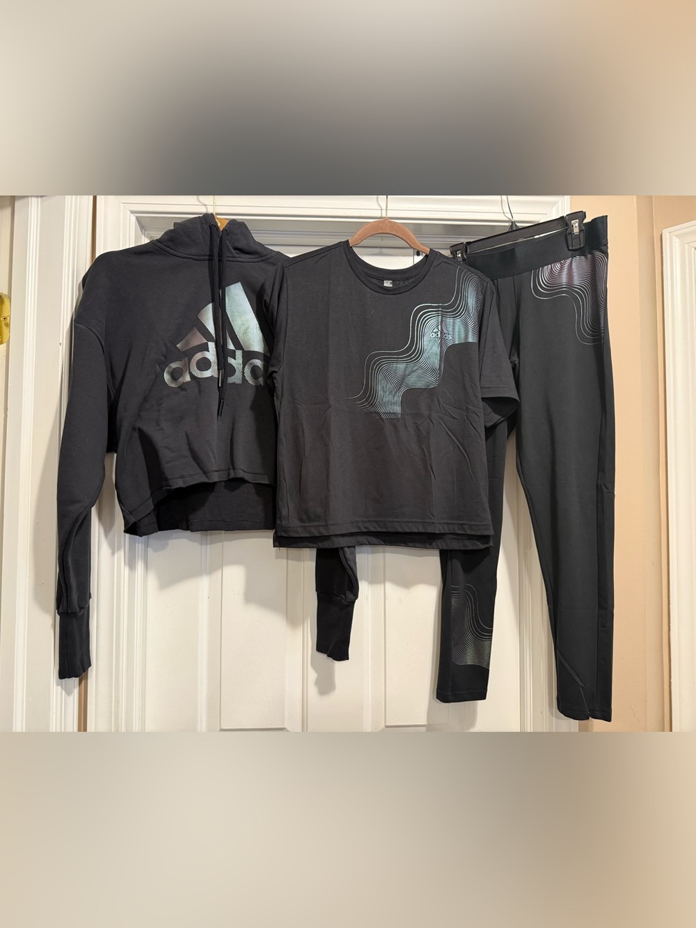 adidas Womens Black Holographic Logo Hoodie, Tee & Leggings Set (Desc. for Size)